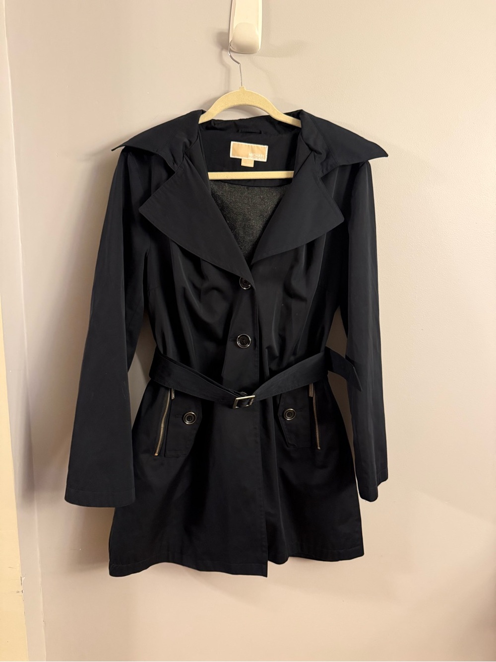 Michael Kors Black Hooded Belted Trench Coat Large Removable Wool Blend Liner